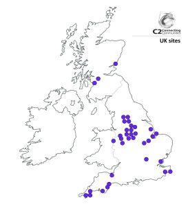 Map of C2 local sites - a map of the UK with C2 cites on it